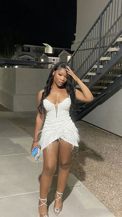 Gorgeous Mermaid Spaghettti Straps White Satin Beads Short Homecoming Dress 20th Birthday Outfits C4909
