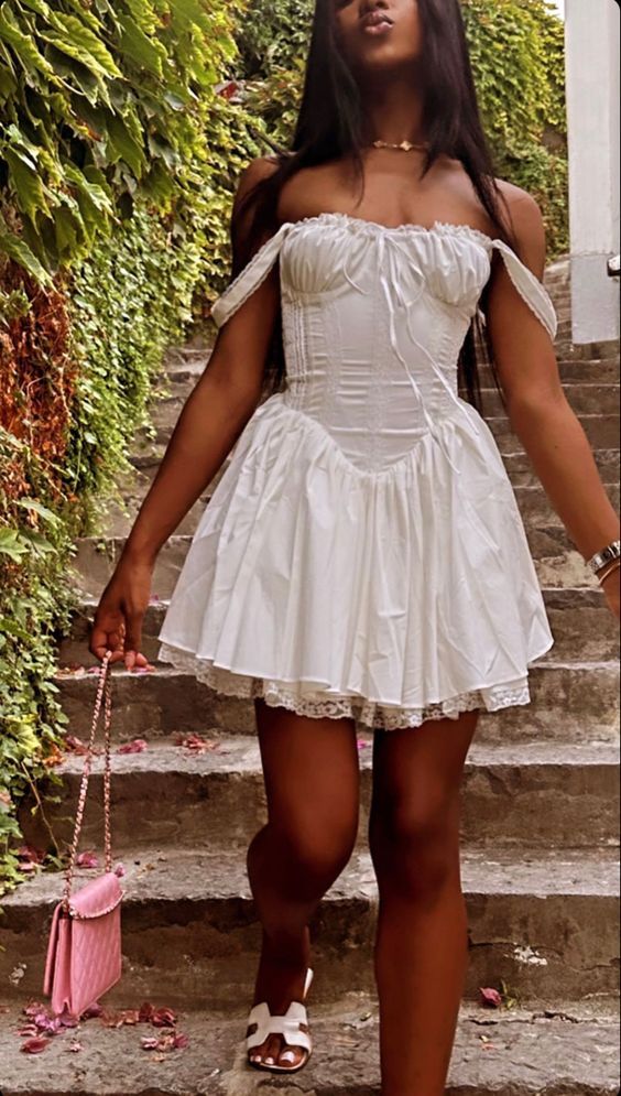 Pretty A Line Off The Shoulder White Satin Lace Short Homecoming Dress 17th Birthday Outfits C4911