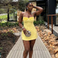 Robe de soirée courte jaune en satin à col licou, coupe trapèze, tenue d'anniversaire pour 19 ans, C4920