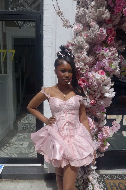 Sweet 20th Pink Ball Gown Off The Shoulder Satin Lace Short Homecoming Dress Birthday Outfits C4930