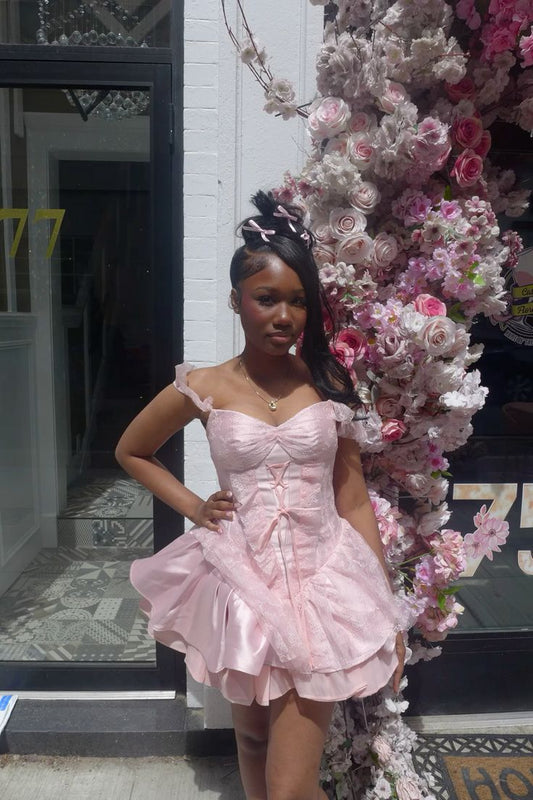 Sweet 20th Pink Ball Gown Off The Shoulder Satin Lace Short Homecoming Dress Birthday Outfits C4930