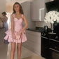 Robe de soirée courte rose en satin à volants et décolleté en cœur, tenue d'anniversaire, 18e anniversaire, C4931