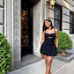 Classy A Line Spaghetti Straps Black Satin Short Homecoming Dress 20th Birthday Outfits C4953