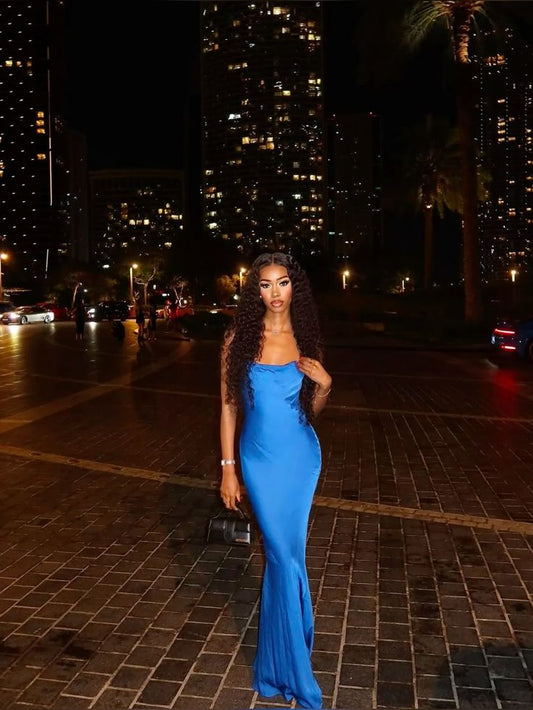 Robe de bal longue en satin bleu à bretelles spaghetti et style sirène simple C4960