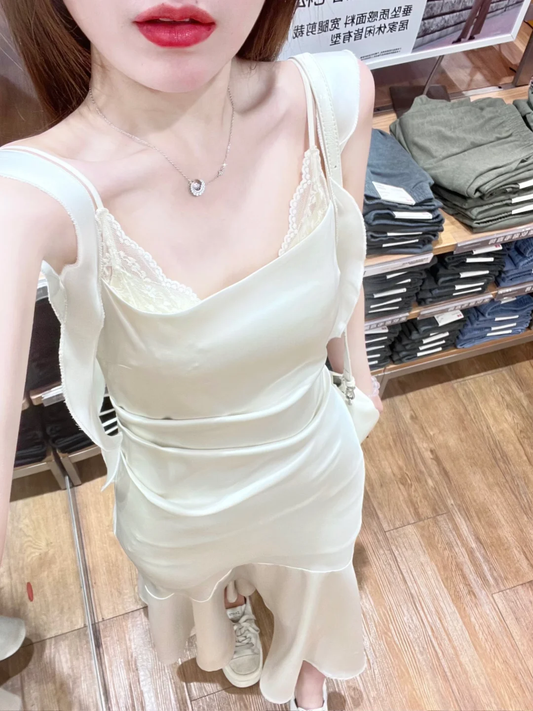 Robe de bal longue en satin et dentelle, élégante, style sirène, bretelles spaghetti, C4962