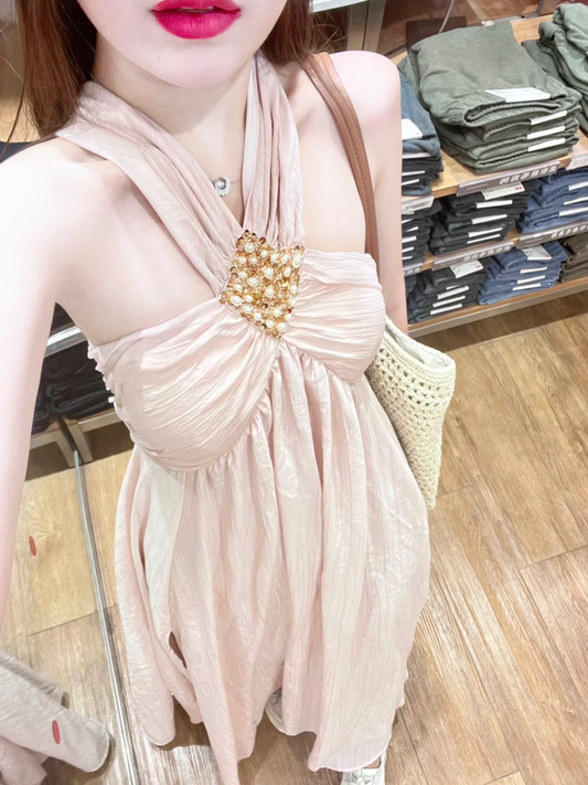 Robe de bal longue en satin à col licou et perles, élégante et élégante, coupe trapèze, C4964