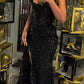 Superbe robe de bal longue en satin noir à paillettes et perles, style sirène, sans bretelles, fendue, C4965