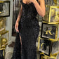 Superbe robe de bal longue en satin noir à paillettes et perles, style sirène, sans bretelles, fendue, C4965
