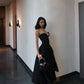 Robe de bal longue en satin noir, élégante, coupe trapèze, sans bretelles, C4966