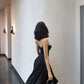 Robe de bal longue en satin noir, élégante, coupe trapèze, sans bretelles, C4966