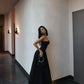 Robe de bal longue en satin noir, élégante, coupe trapèze, sans bretelles, C4966