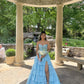 Robe de bal longue bleu pâle en satin, coupe trapèze, décolleté en cœur, fente à plusieurs niveaux, C4969