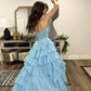 Robe de bal longue bleu pâle en satin, coupe trapèze, décolleté en cœur, fente à plusieurs niveaux, C4969