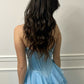 Robe de bal longue bleu pâle en satin, coupe trapèze, décolleté en cœur, fente à plusieurs niveaux, C4969