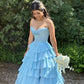 Robe de bal longue bleu pâle en satin, coupe trapèze, décolleté en cœur, fente à plusieurs niveaux, C4969