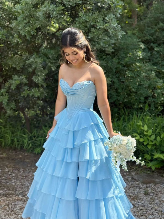 Robe de bal longue bleu pâle en satin, coupe trapèze, décolleté en cœur, fente à plusieurs niveaux, C4969