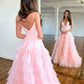 Robe de bal longue rose en satin et tulle, coupe trapèze, bretelles spaghetti, C4970