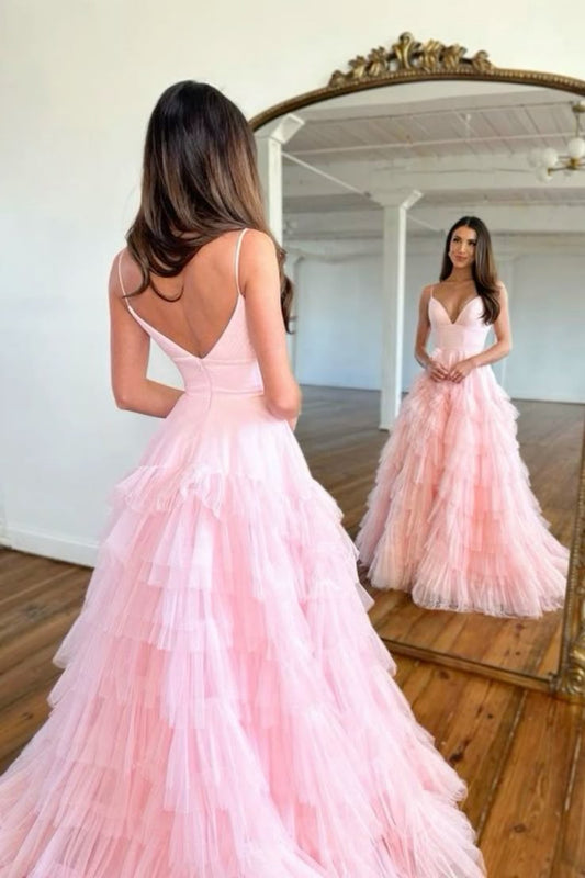 Robe de bal longue rose en satin et tulle, coupe trapèze, bretelles spaghetti, C4970