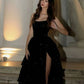 Robe de bal longue fendue en satin noir, style vintage, coupe trapèze, sans bretelles, à sequins, C4971
