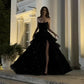 Robe de bal longue fendue en satin noir, style vintage, coupe trapèze, sans bretelles, à sequins, C4971