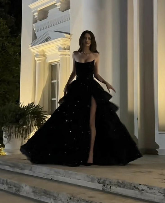 Robe de bal longue fendue en satin noir, style vintage, coupe trapèze, sans bretelles, à sequins, C4971