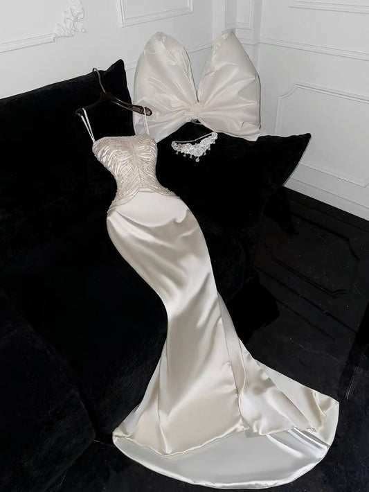 Robe de bal longue en satin à bretelles spaghetti et perles, style sirène, C4972
