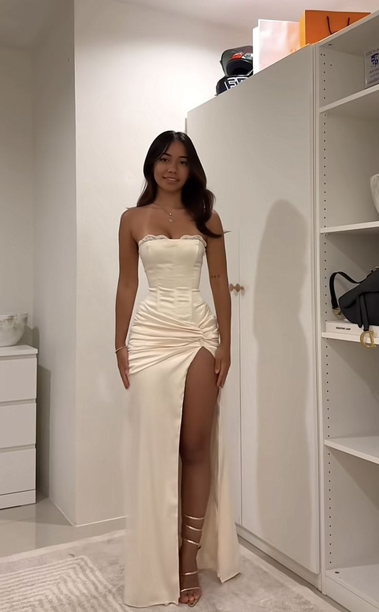 Robe de bal longue en satin plissé, style sirène, sans bretelles, fendue, élégante, C4973