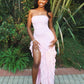 Pink Mermaid Strapless Satin Chiffon Ruffles Slit Long Prom Dresses Formal Dress C4974
