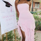 Pink Mermaid Strapless Satin Chiffon Ruffles Slit Long Prom Dresses Formal Dress C4974