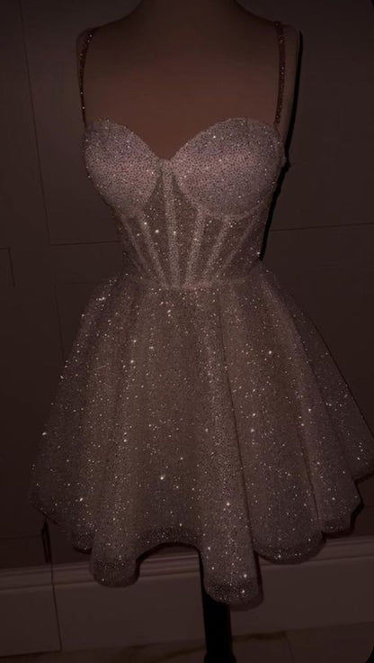 Sparkly A Line Spaghetti Straps Sequin Short Homecoming Dress 18th Birthday Outfits C4976