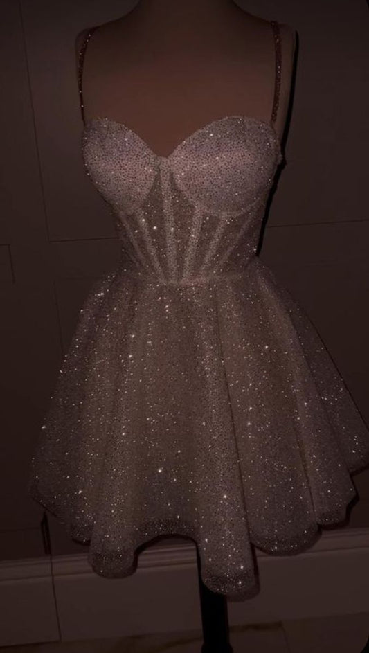 Sparkly A Line Spaghetti Straps Sequin Short Homecoming Dress 18th Birthday Outfits C4976