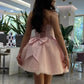 Pink Ball Gown Strapless Satin Tulle Bow Short Homecoming Dress 16th Birthday Outfits C4990