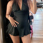 Black A Line Halter Satin Short Homecoming Dress 21th Birthday Outfits C4995