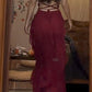 Pretty Mermaid Halter Burgundy Satin Chiffon Ruffles Backless Long Prom Dresses Formal Dress C4998