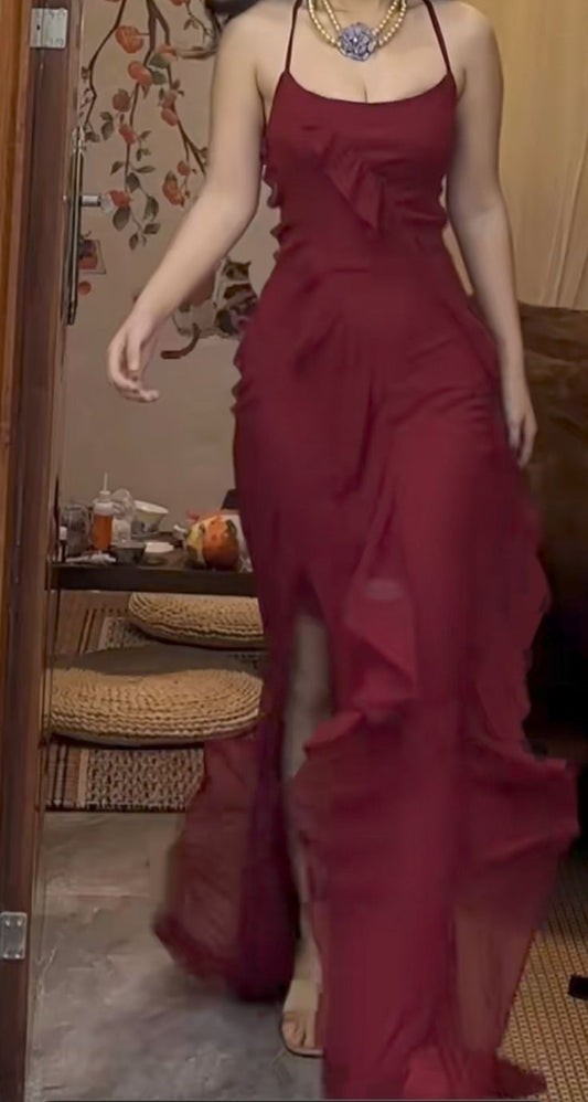 Robe de bal longue en satin bordeaux, dos nu, décolleté en V, style sirène, à volants, C4998