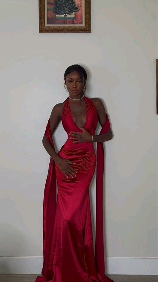 Robe de bal longue en satin à col licou et sirène chic C4999