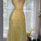Gorgeous Mermaid Sapghetti Straps Yellow Satin Chiffon Beads Long Prom Dresses Formal Dress C5000