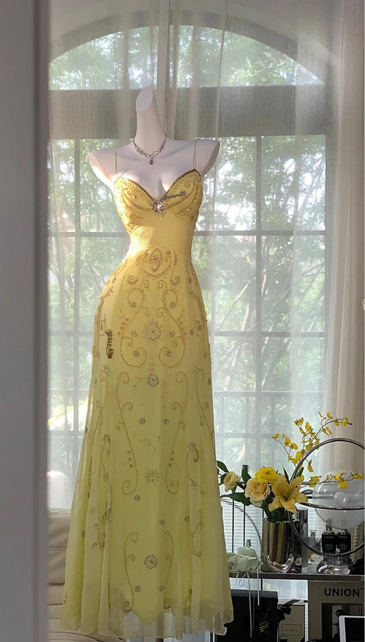 Superbe robe de bal longue en satin jaune à bretelles sirène et perles, robe de soirée C5000