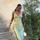 Pretty Mermaid V Neck Satin Lace Long Prom Dresses Formal Dress C5003