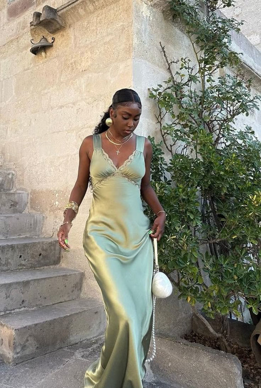 Robe de bal longue en satin et dentelle, jolie robe sirène à col en V, C5003