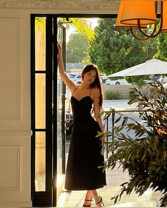 Robe de bal longue en satin noir, élégante, coupe trapèze, dos nu, C5007
