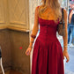 Robe de bal longue en satin bordeaux à bretelles spaghetti et coupe trapèze simple C5009