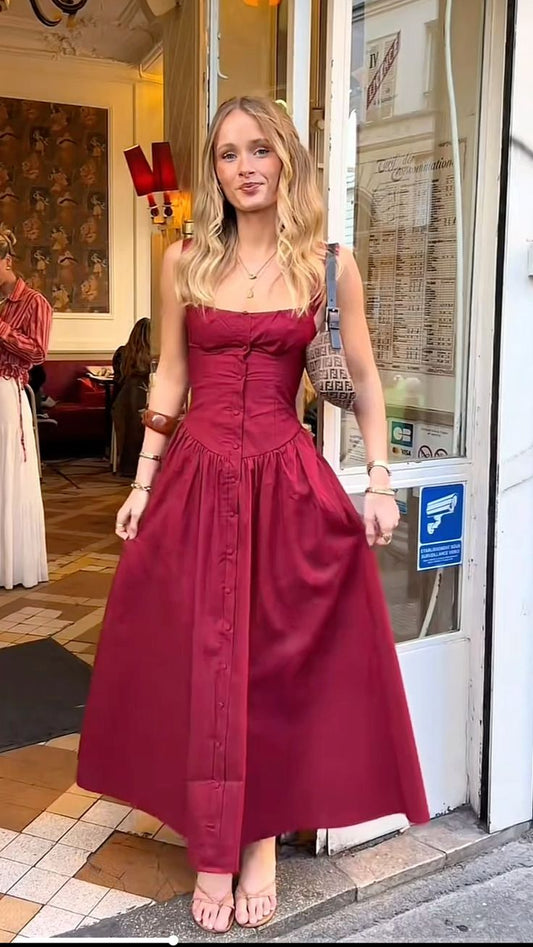 Robe de bal longue en satin bordeaux à bretelles spaghetti et coupe trapèze simple C5009