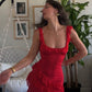 Robe de bal longue rouge en mousseline de soie, col en U, jolie sirène, fendue, C5012