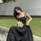 Classy A Line Spaghetti Straps Black Satin Long Prom Dresses Formal Dress C5013