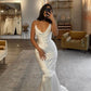 White Mermaid Spaghetti Straps Satin Long Prom Dresses Formal Dress C5014