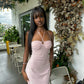Robe de bal longue en satin rose à col licou et sirène C5018