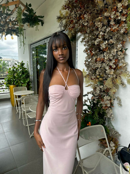 Robe de bal longue en satin rose à col licou et sirène C5018