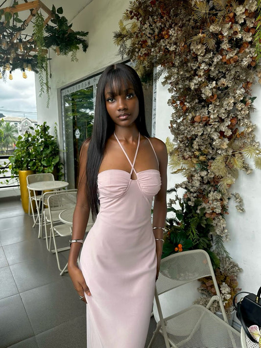 Robe de bal longue en satin rose à col licou et sirène C5018