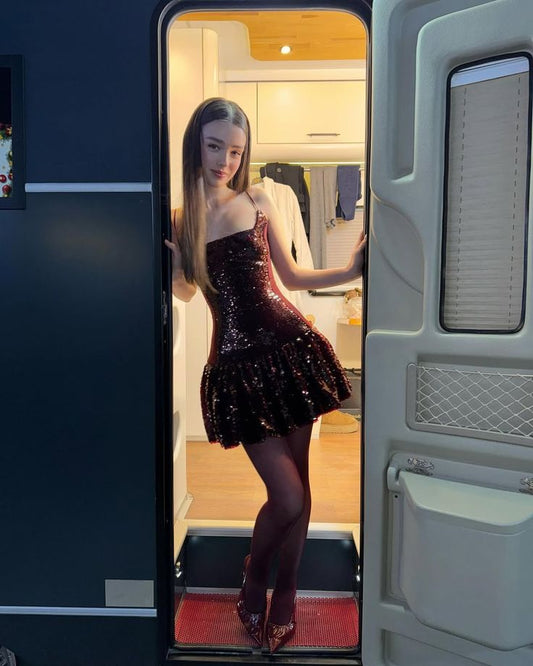 Sparkly A Line Spaghetti Straps Sequin Short Homecoming Dress 19th Birthday Outfits C5023